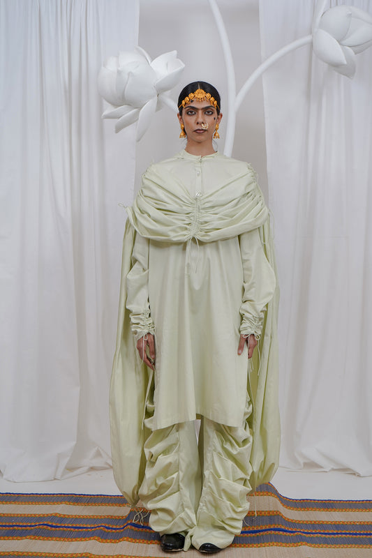 Gathered hoodie kurta, side cowl pockets broad pant, draw stringed dupatta