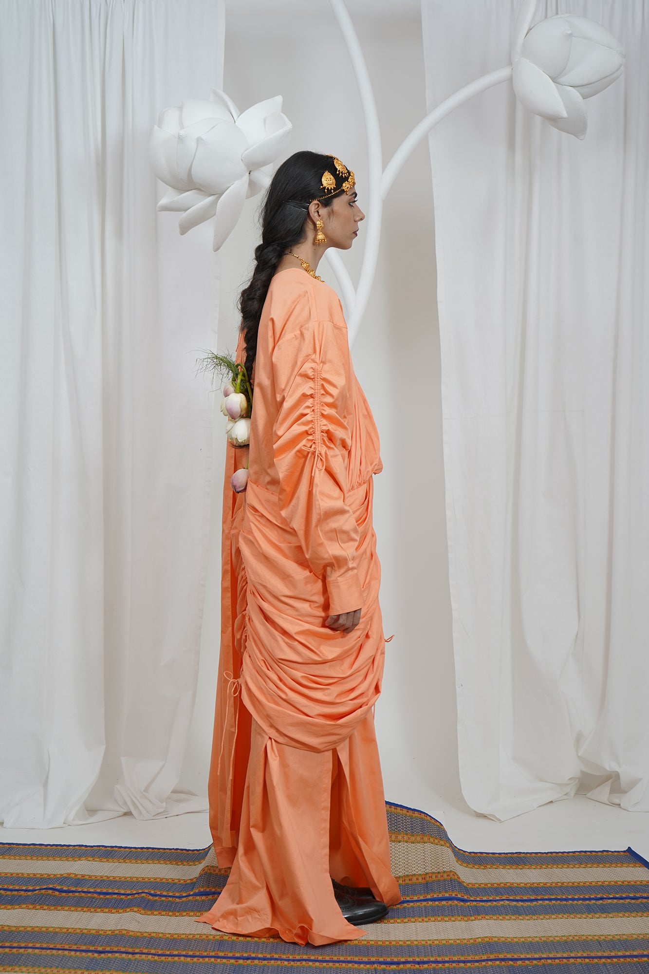 Gathered cowl pocket saree drape dress