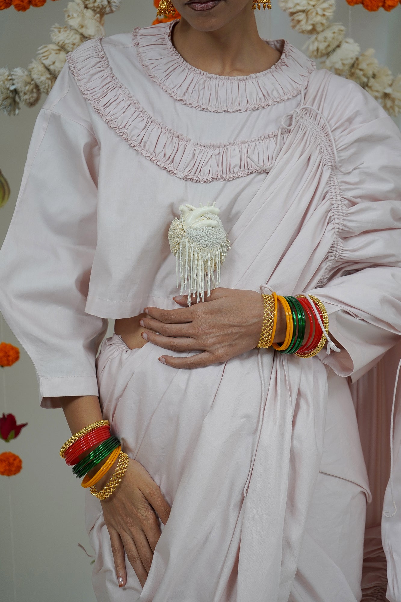 Gathered neckline detail blouse, with a 3d embellished heart; draw stringed cowl pocket palla saree